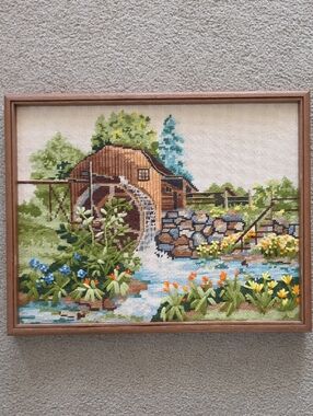 VTG Framed "Spring Mill Pond" Cross-Stitch Watermill Landscape